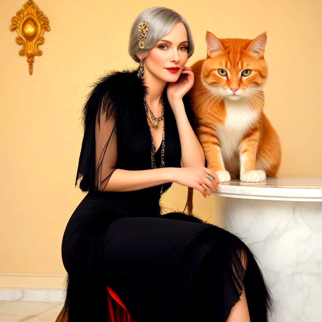 Glamorous 1920s Woman with Cats in Art Deco Style