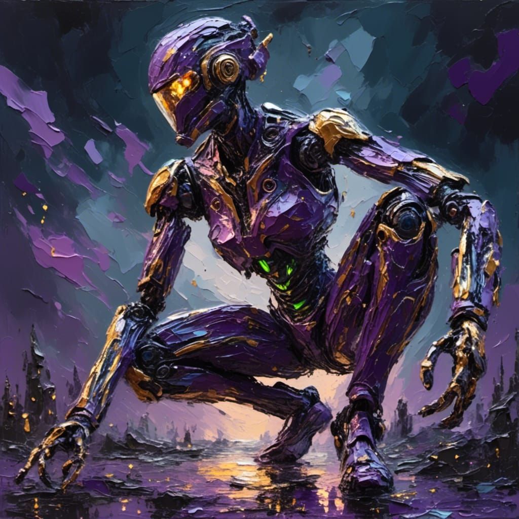 Hyper-Realistic Cyborg in Impasto Style Under Stormy Sky