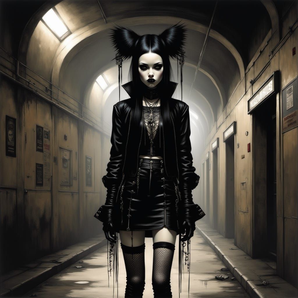 <lora:GPF:1.0> a young goth punk girl with intense eye makeup, fishnet wear, and a flowing black skirt, lost and isolated in a dimly lit, ee...