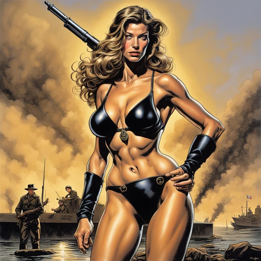 Gisele Bundchen in a black thong bikini as an evil german vi...