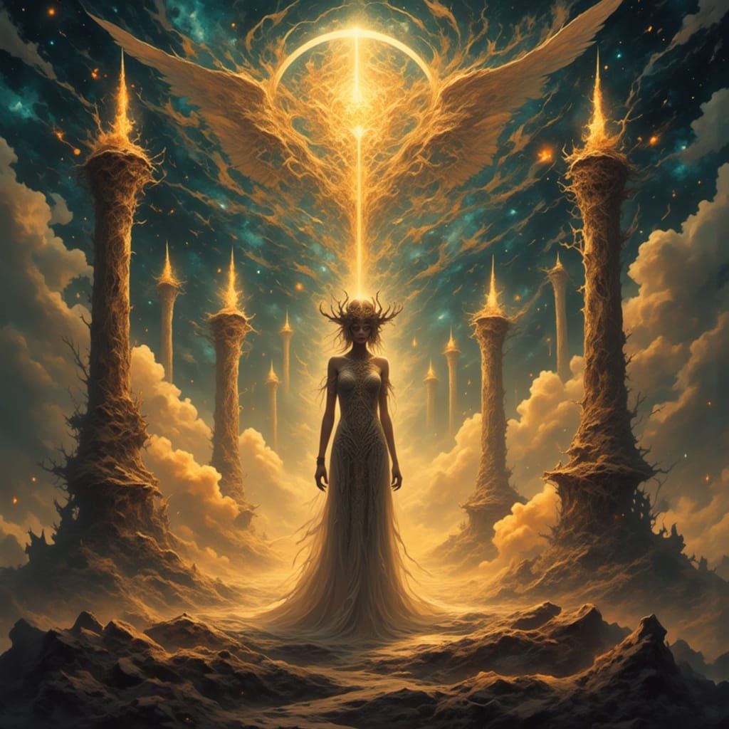 A photograph depicting an "Alien mystic" standing serenely amidst a swirling nebula, the scene bathed in warm, golden light. Behind the myst...