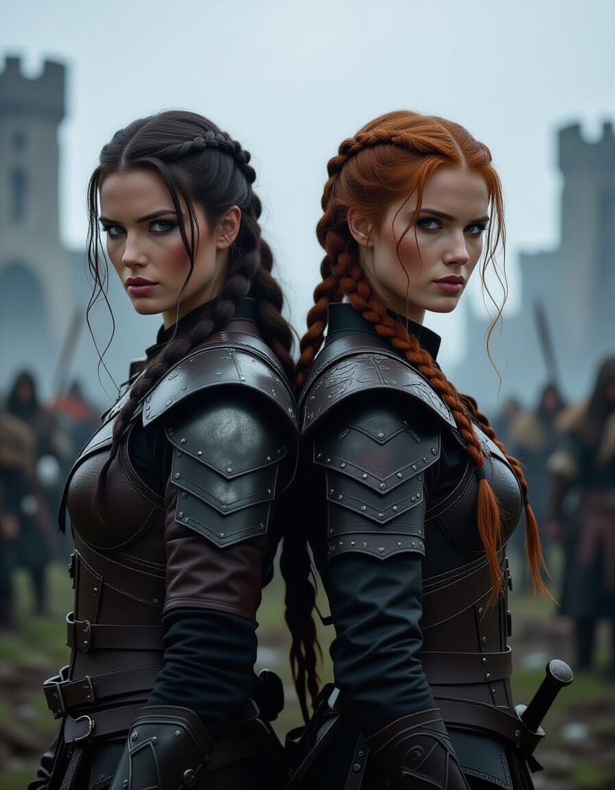  Two fierce female warriors, a brunette (highly detailed eyes) eyes and a redhead (highly detailed eyes) with braided hair, stand back to ba...