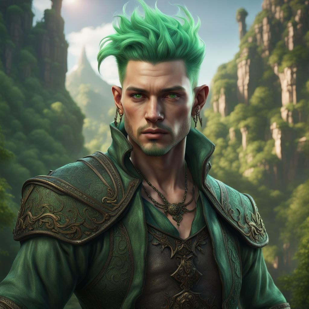 Man, light skin, green hair, black eyes, Bard - AI Generated Artwork ...