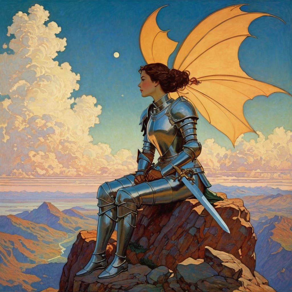 In her thoughts she is a Knight with armor, shield and sword, dragons flying in the sky behind, by Erin Hanson, Edmund Dulac, Maxfield Parri...