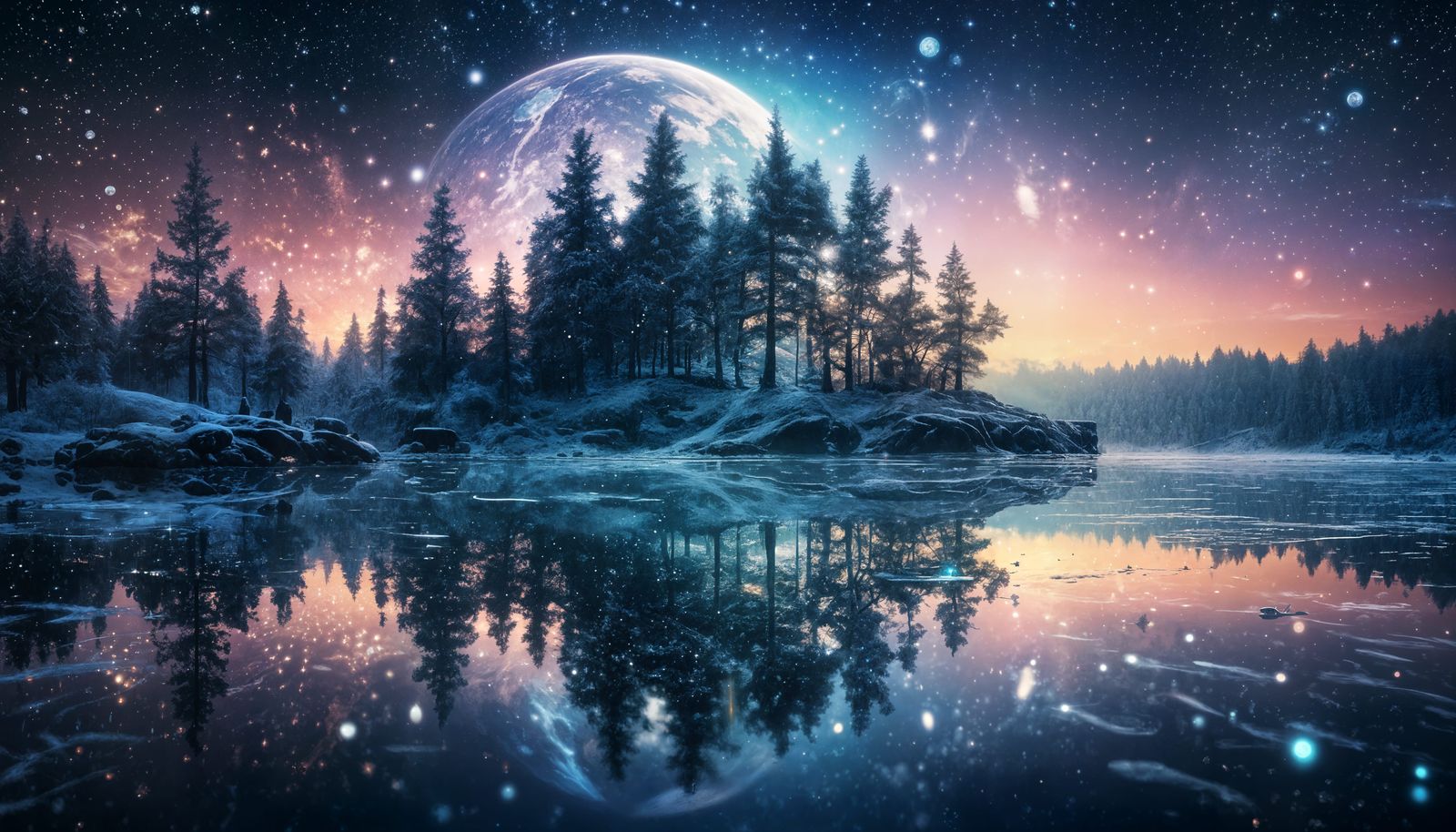 Surreal Cosmic Landscape with Frozen Lake and Sparkling Tree...