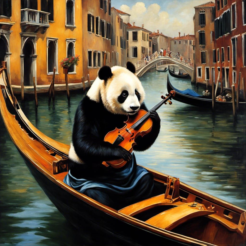 A panda playing violin on Venice Gondola oil painting by Joh...