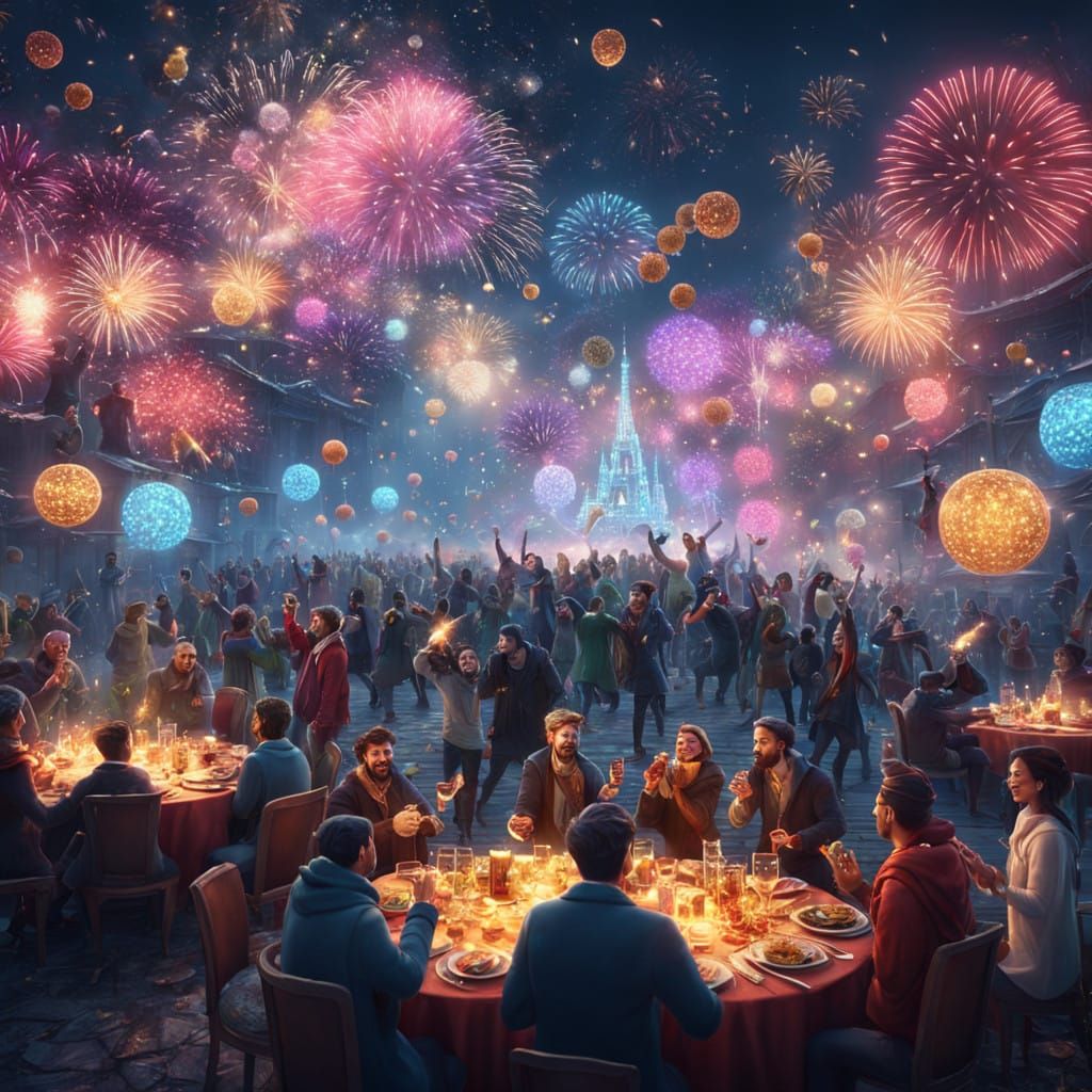 People celebrating New Year at a very lively New Year party  by @A Mysterious Bloke