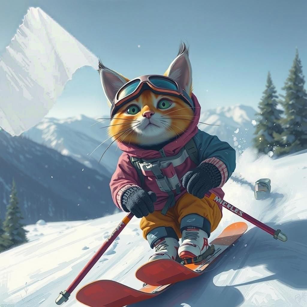 Digital art, oil painting of A cat in ski clothes on skis hu...