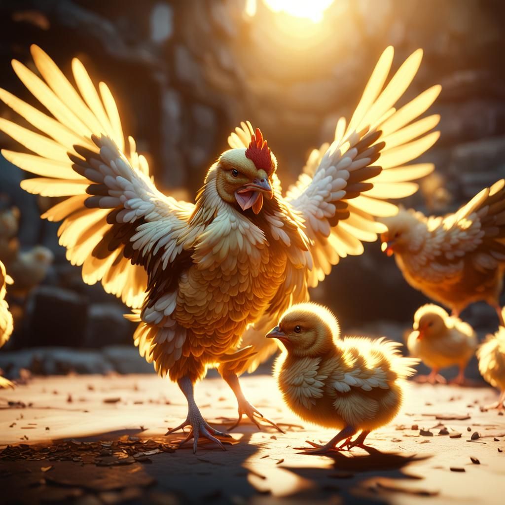 Mother Hen Protects Chick: 3D Cinematic Render