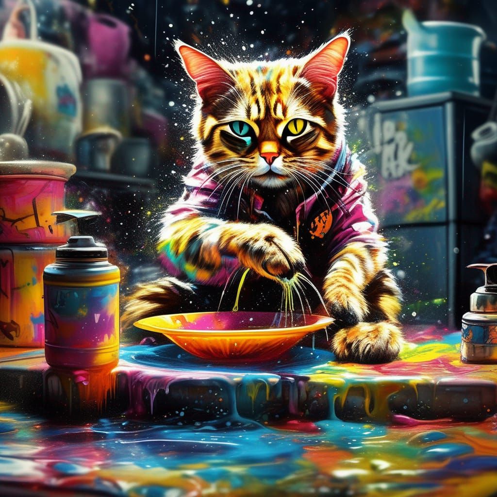 Cat Washing Dishes in Graffiti Art Style
