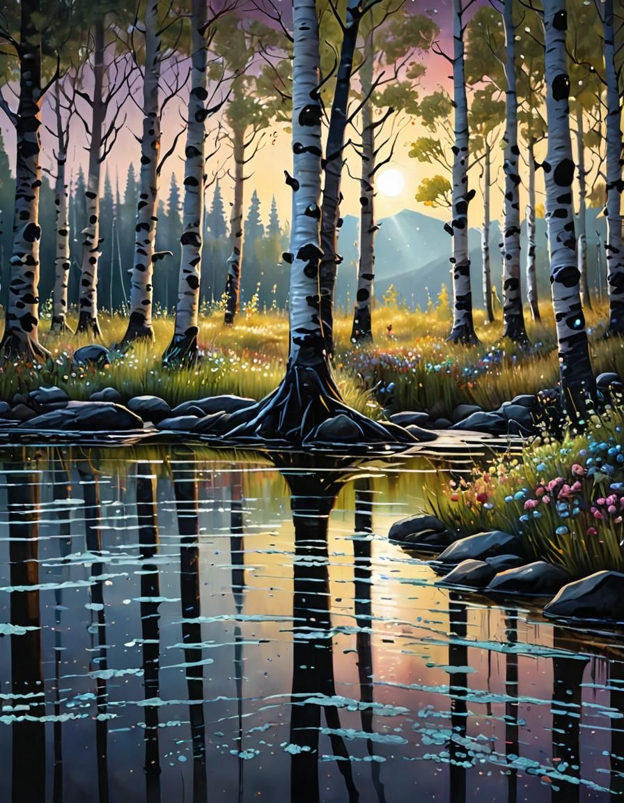 crashing tides, directing powerful ocean storms, (with shimmering, iridescent light from scattered, crystal-like dew drops catching the ligh...