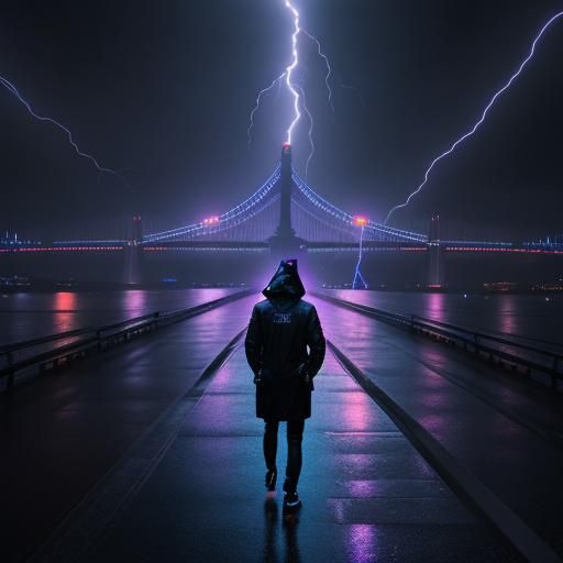 Neon Cityscape in Torrential Rain: Digital Art