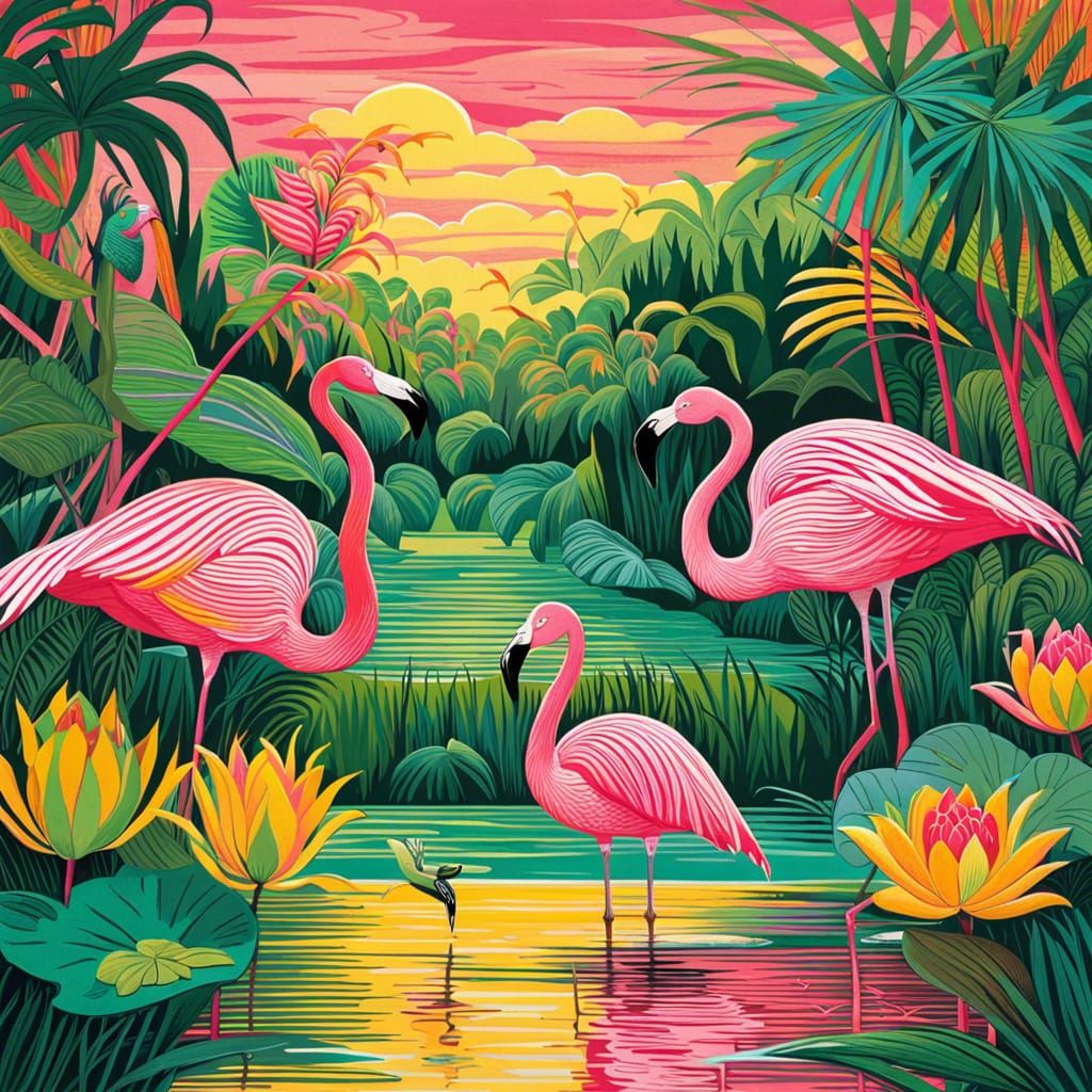 Flamingos at a river with exotic water lilies inside a tropi...