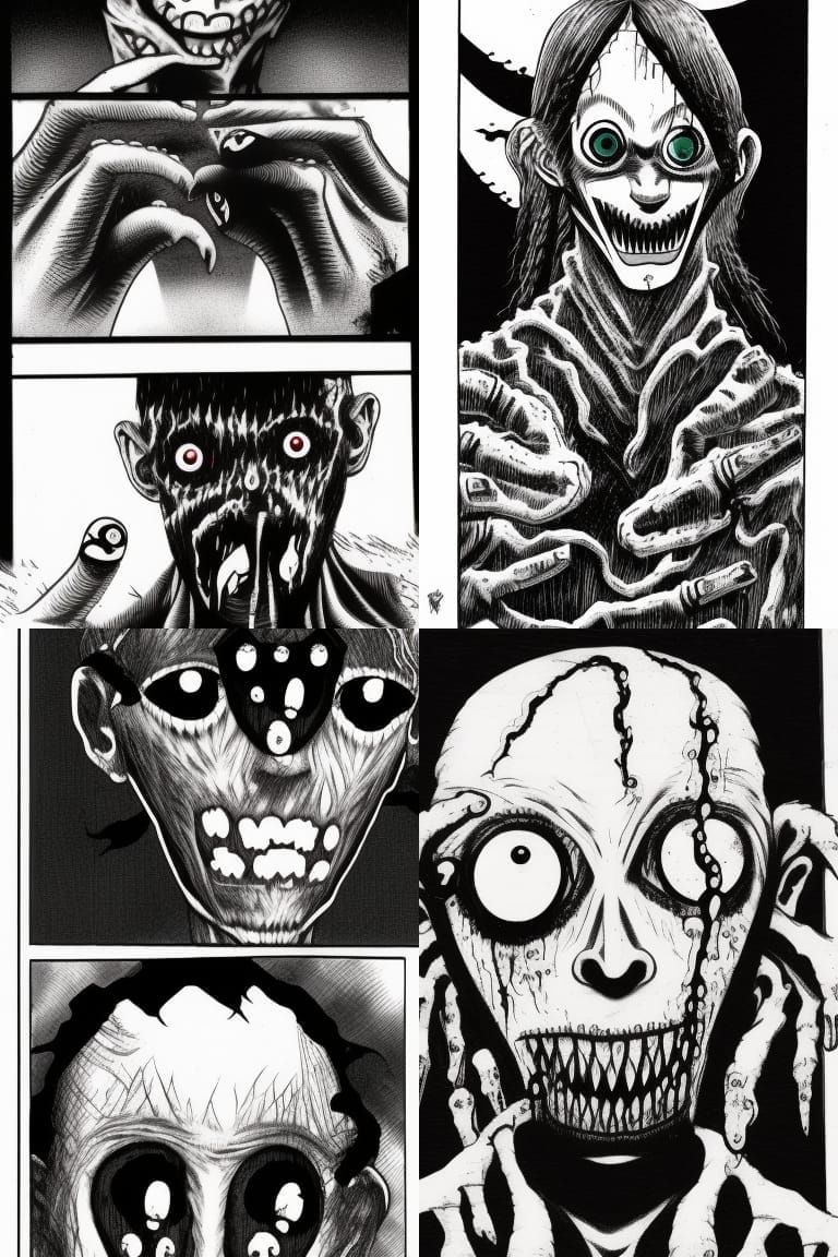 Black and white zombie slasher wearing a disgusting mask made of mutated eyes junji ito manga