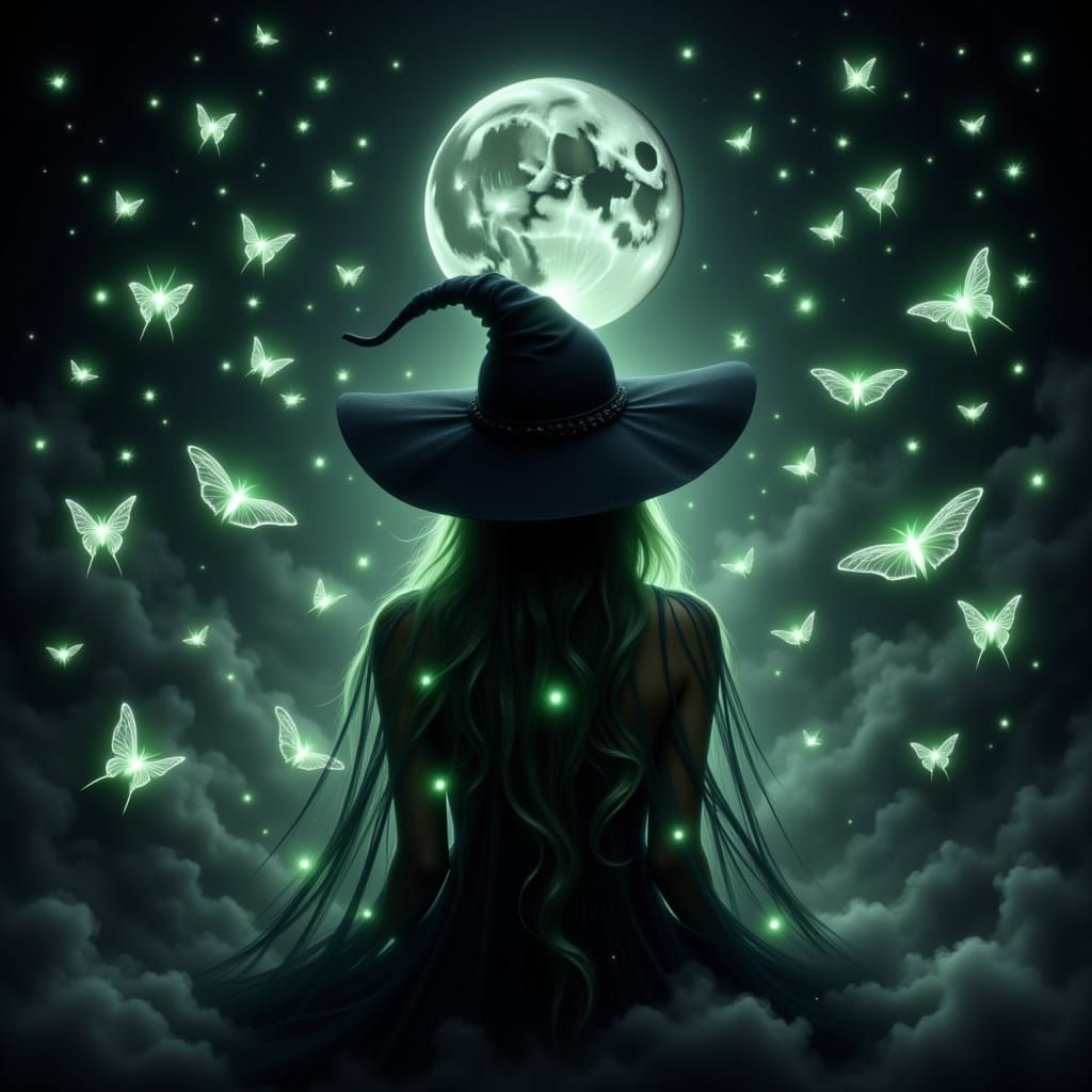 Surreal Witch Enchants Dark Moonlit Night in Dreamlike Aesth...