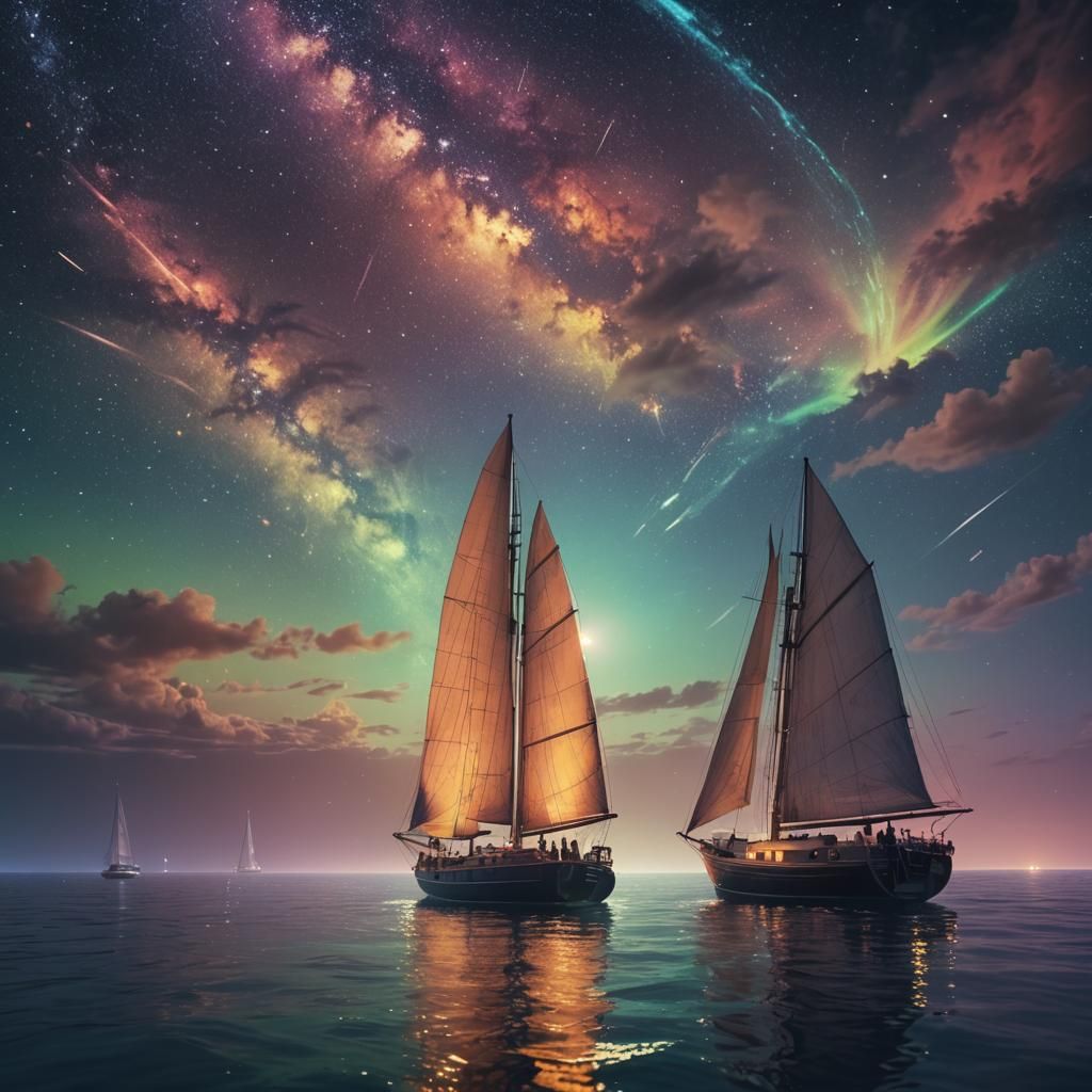 katamaran sailboat ocean under fantastic nightsky, wide angel 4k ultradetailed  norwegian man and kymani marley 