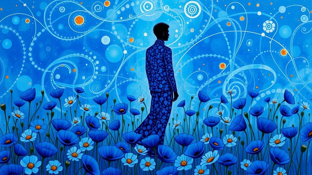 The Man in cobalt blue stands amidst a field of Himalayan blue poppies, his form intertwined with swirling ...  by @blenta