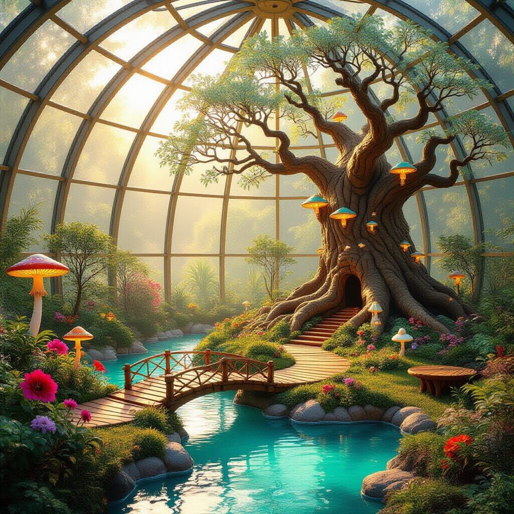 Fantasy Garden Inside Crystal Dome, Ultra-Realistic