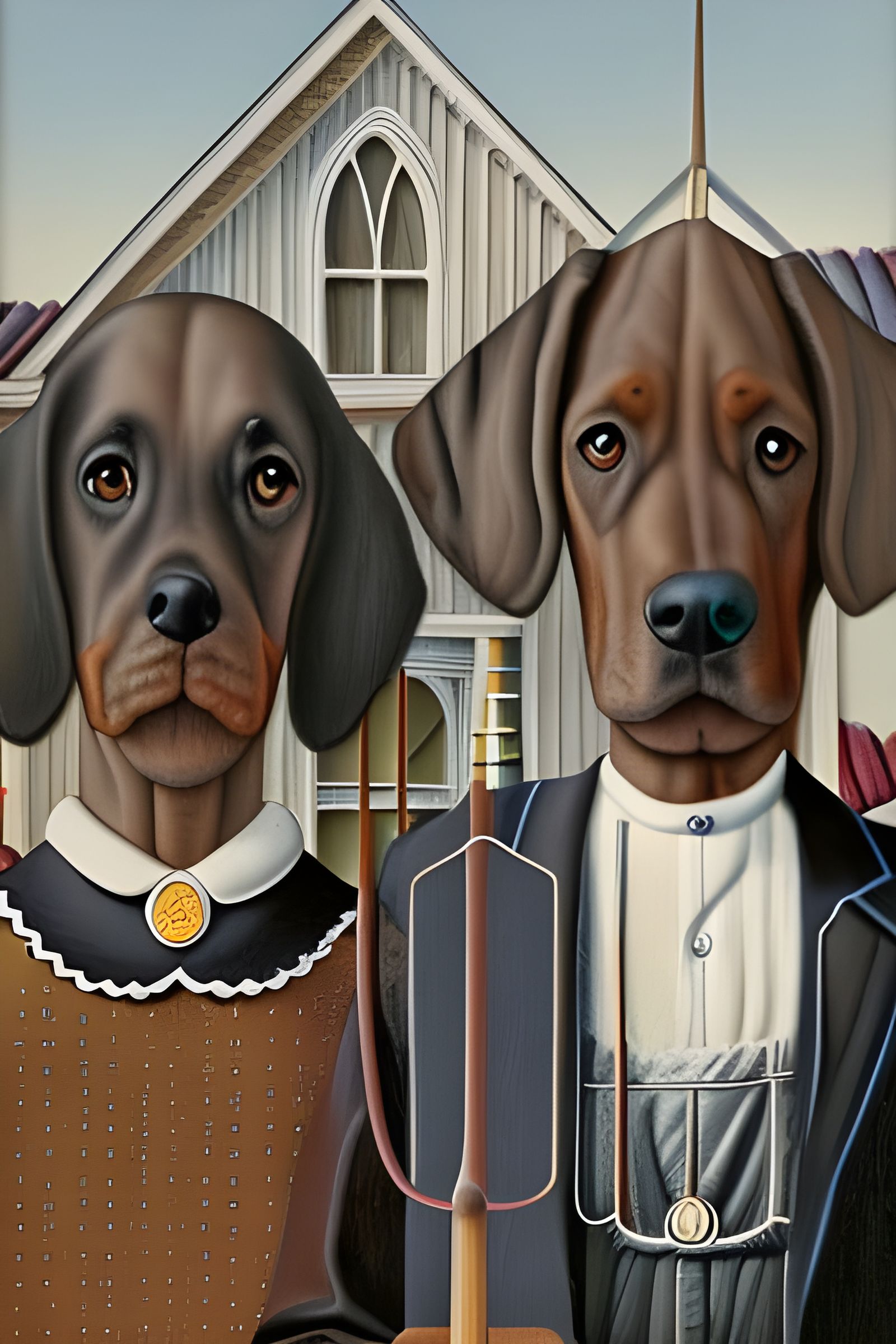 American gothic with dogs (by Grant Wood)