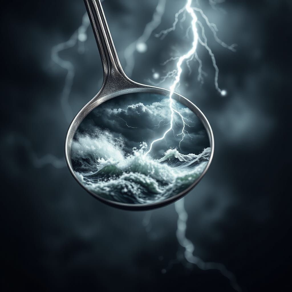 A polished silver soup ladle suspended in midair, containing a swirling tempest within its bowl — dark storm clouds, fla...