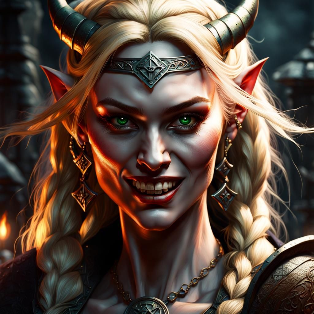 Vampire teeth, Beautiful green eyes, Very pointy ears and te...