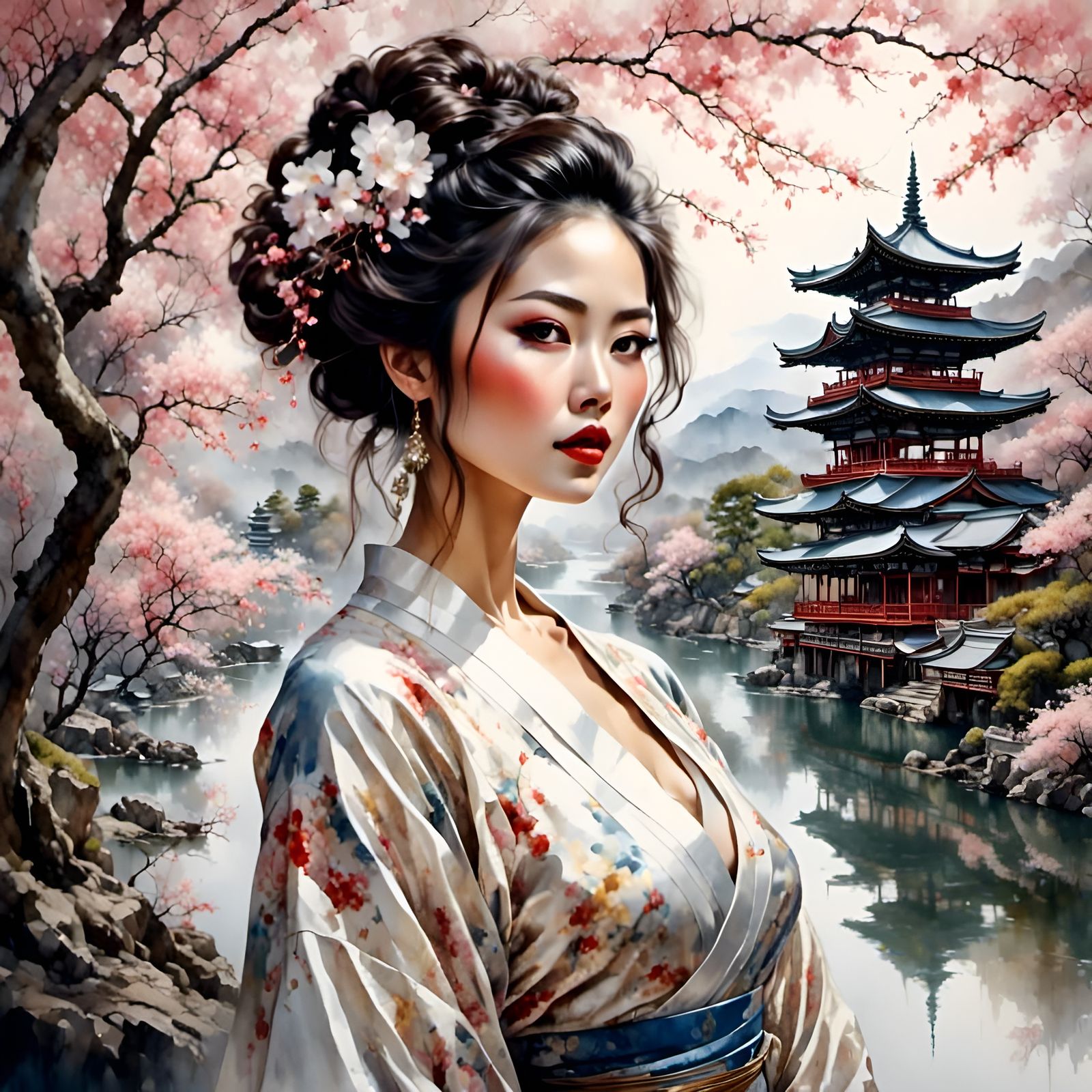 Intricately detailed painting of  gorgeous Japanese woman, tea garden cherry blossom background, in the style of <lora:Diversity:1.0> and <l...