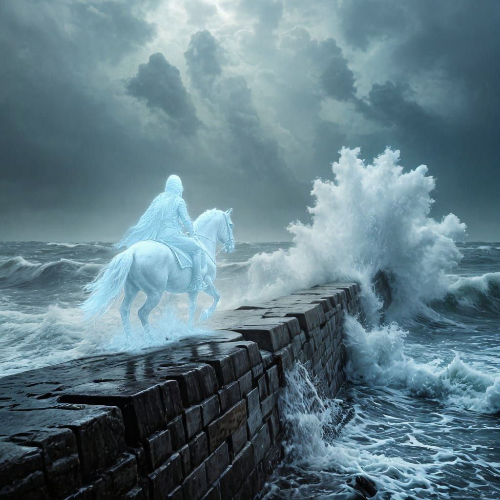 A ghostly rider on a white horse on a dike in a terrible storm with high tide reaching the top of the dike