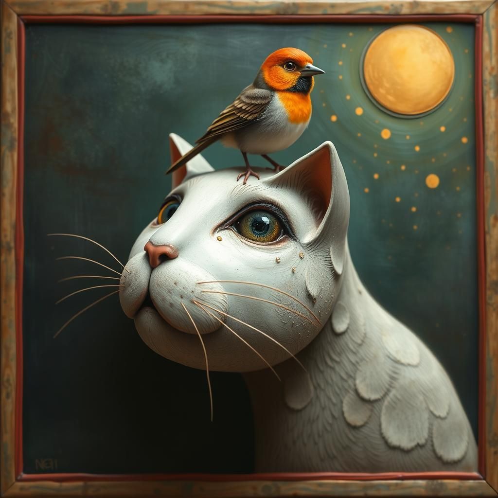Cat with a bird on its head.