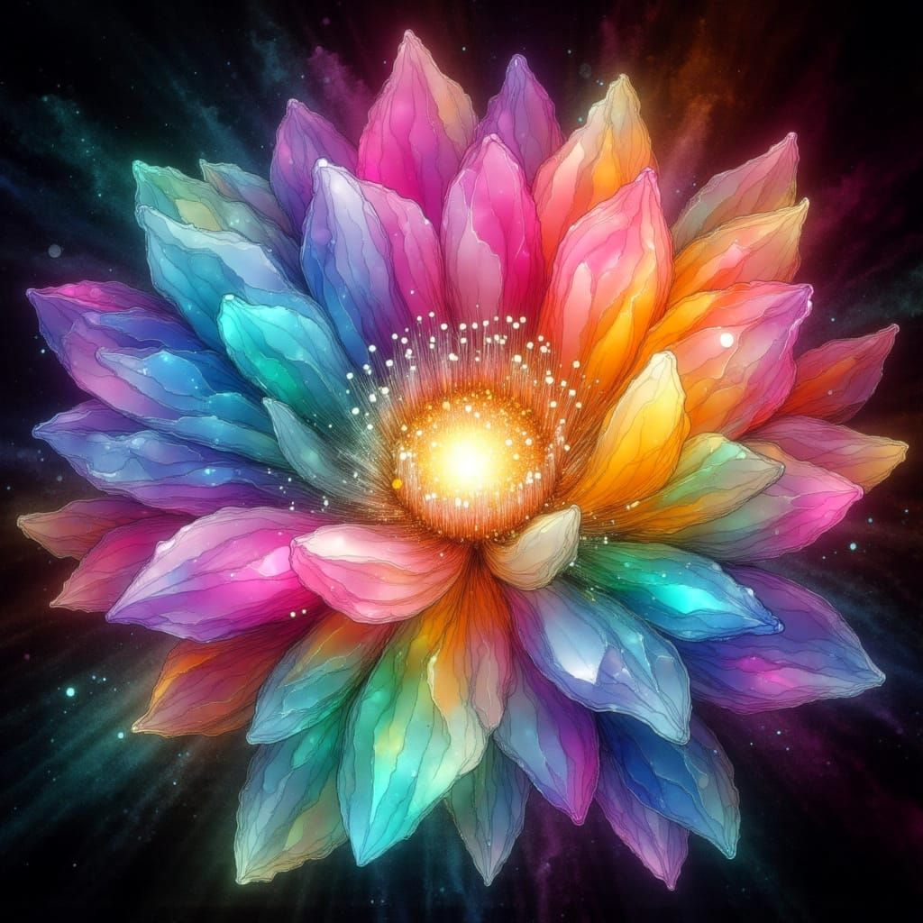 <lora:HRH-neon-grunge:1.0> Inside the heart of the prism, refracted light transforms into blooming crystalline flowers. Each petal mirrors a...