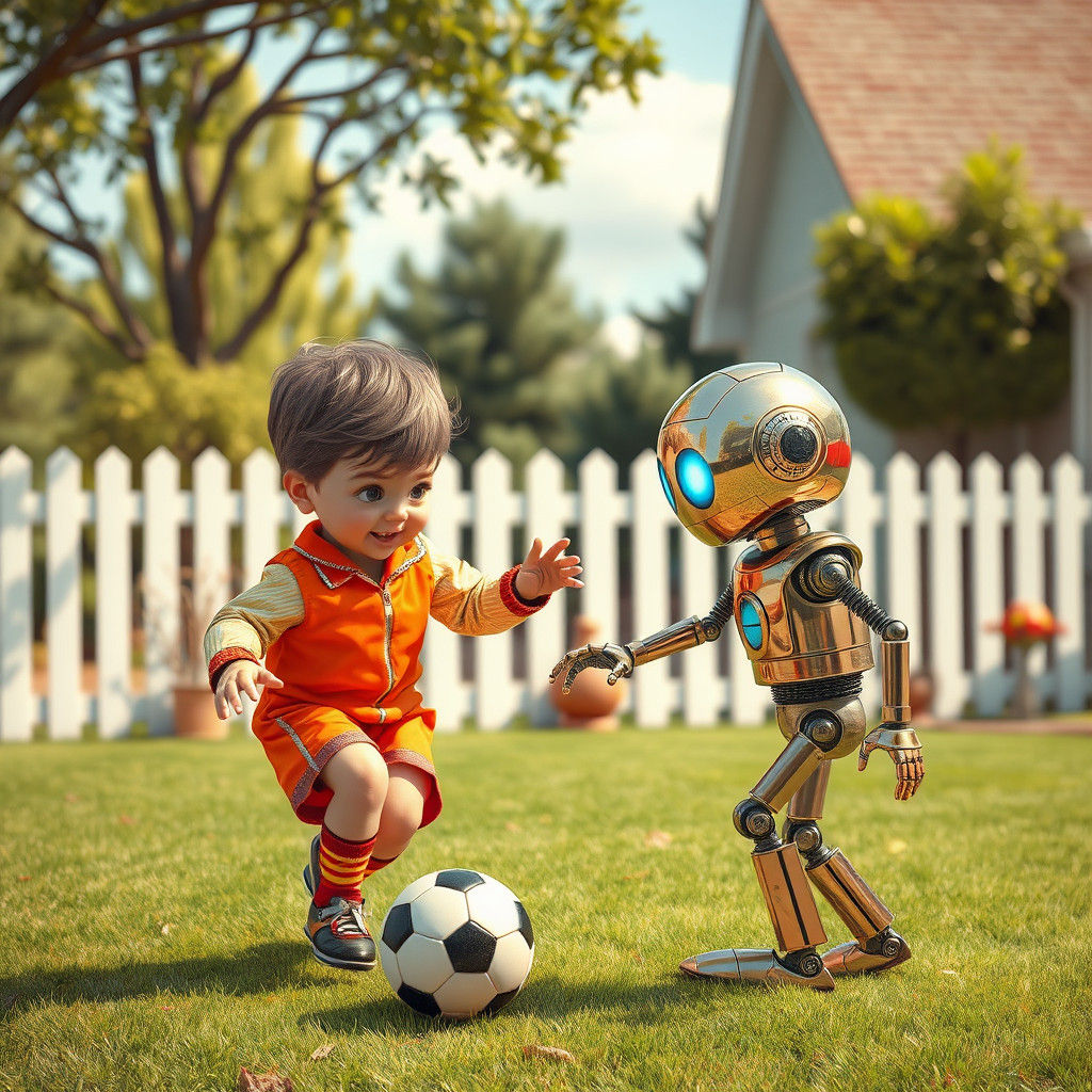 Atomic age child's best robot friend playing soccer together  by @MattWerX