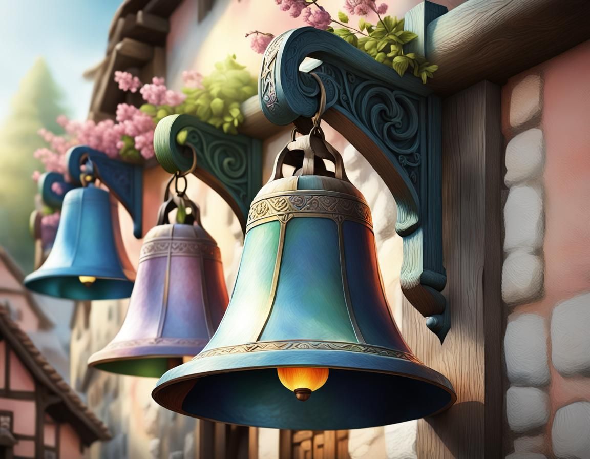 bell fair, medieval village, colored bells, pastel colours, ...