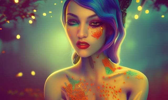 Gorgeous woman, soft sparks, pop surrealism, insanely detail...