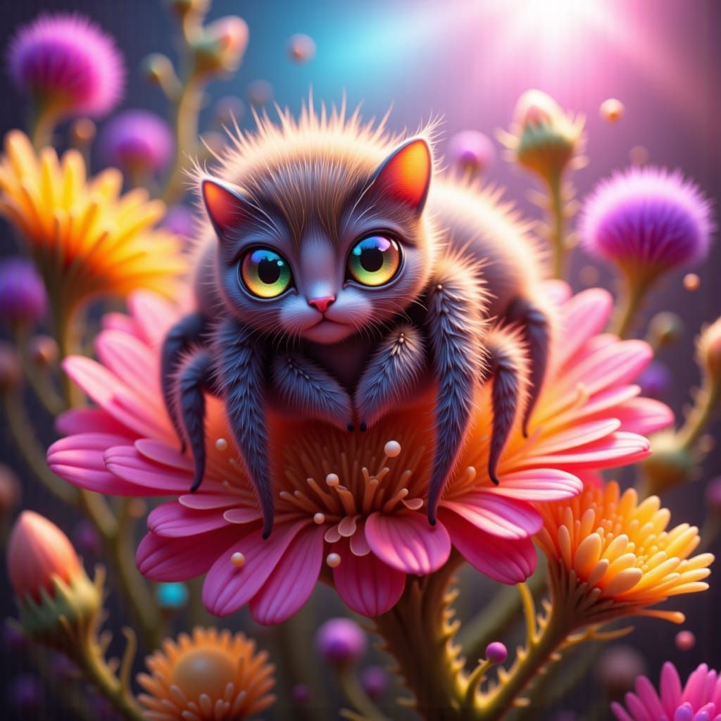 An adorably cute, fluffy, furry kitten spider with bright, curious eyes delicately perched on a vibrantly colored flower. The scene is bathe...