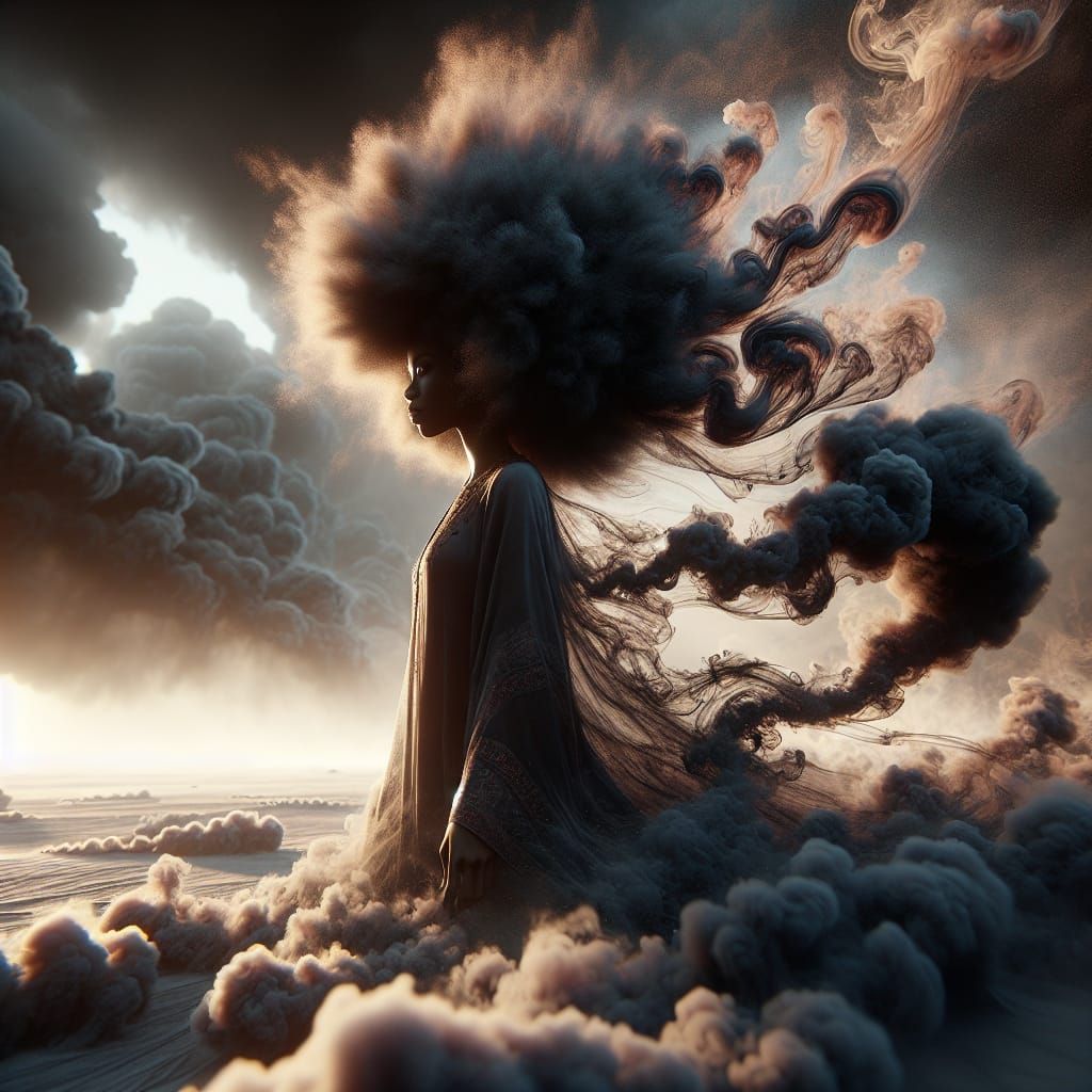 Smoky Afro Woman in Desolate Landscape: Digital Art