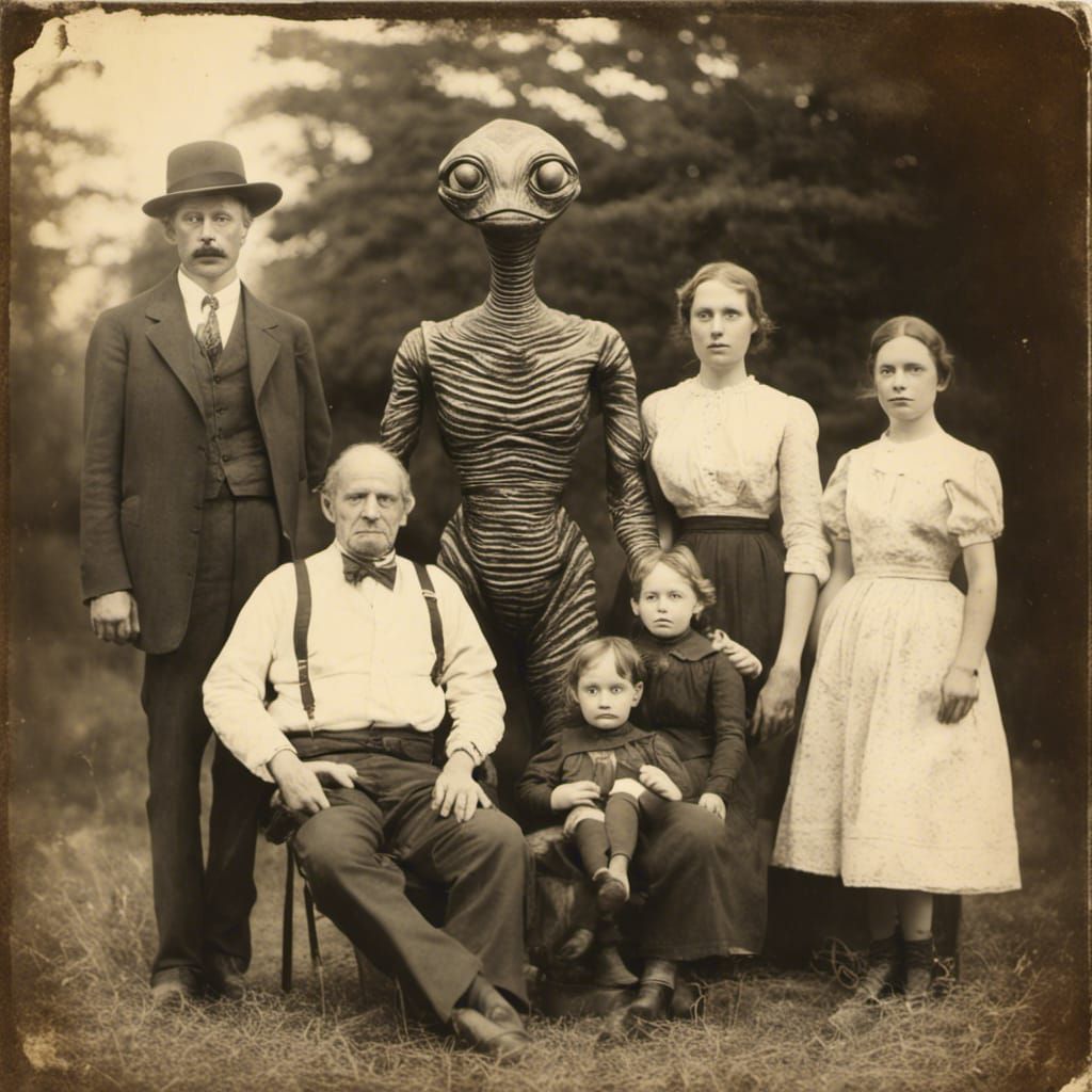 Old Family Photo With Alien Creature - Ai Generated Artwork - Nightcafe 