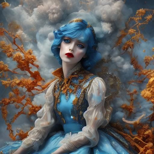 A stunning young  woman  <lora:Porcelain:1.0>, doll-like skin, bright makeup, bright blue lips and, red eyes