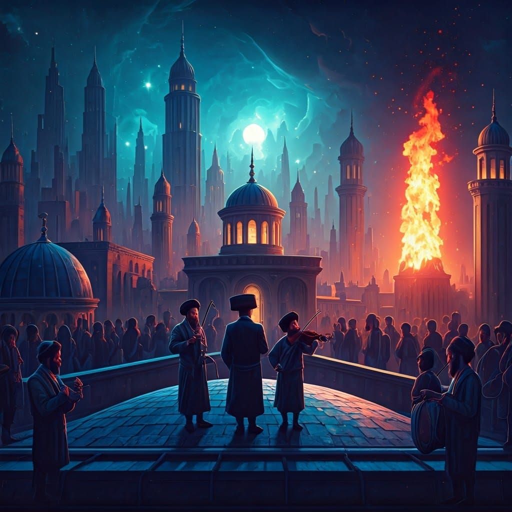 Musicians on Rooftop with Gleaming Dome