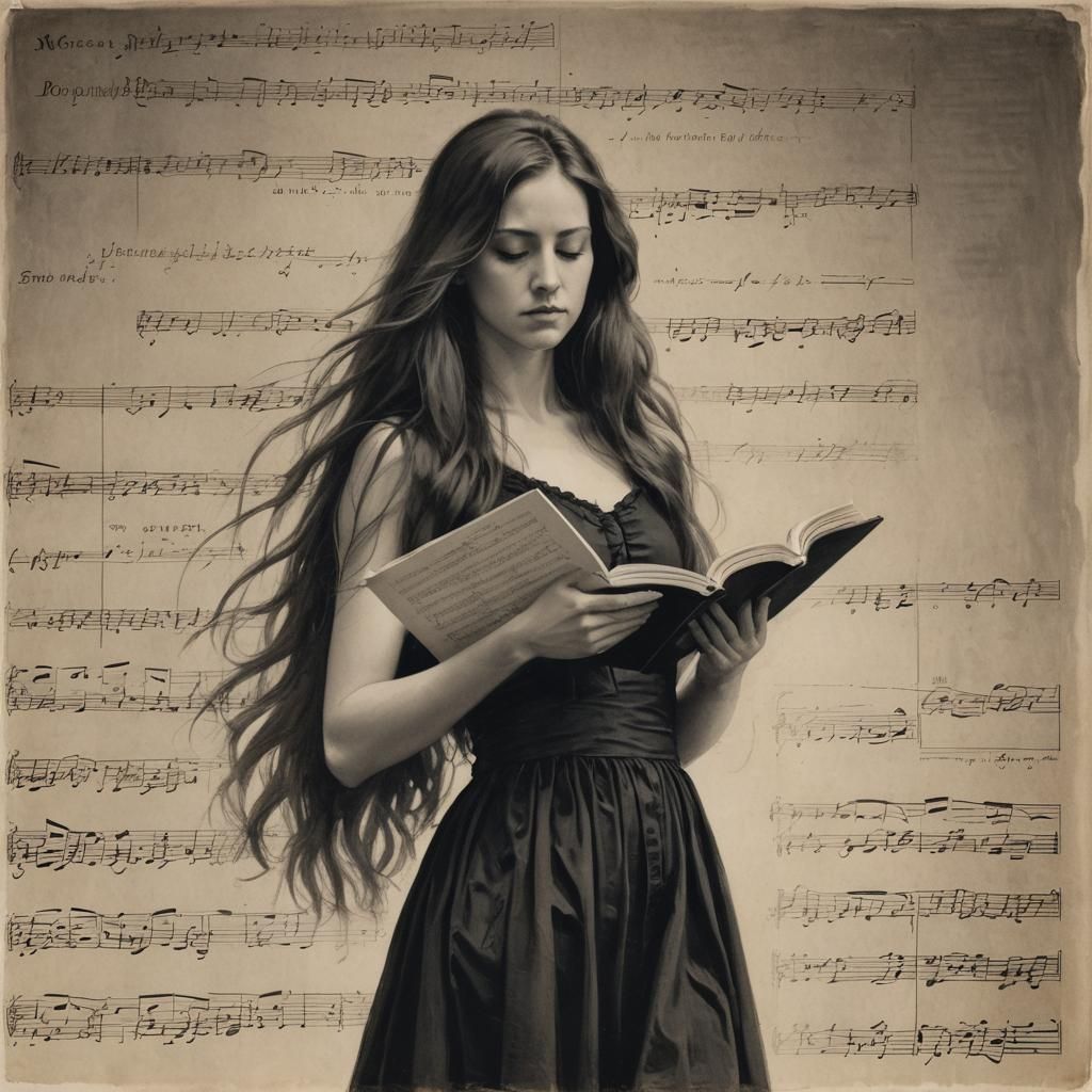 A woman musician, standing pensively with a book open before...