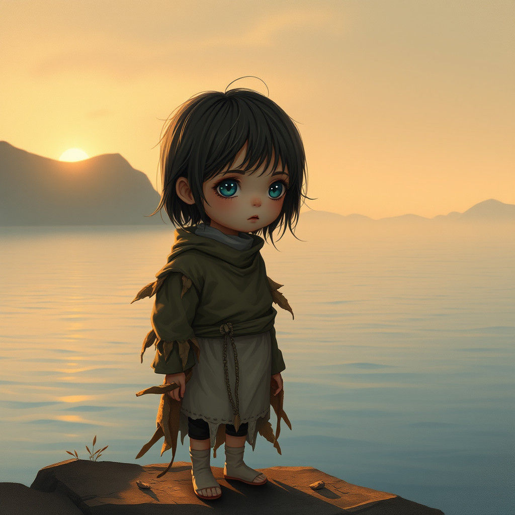 Blue-Eyed Child at Ocean's Edge: Dreamlike Illustration