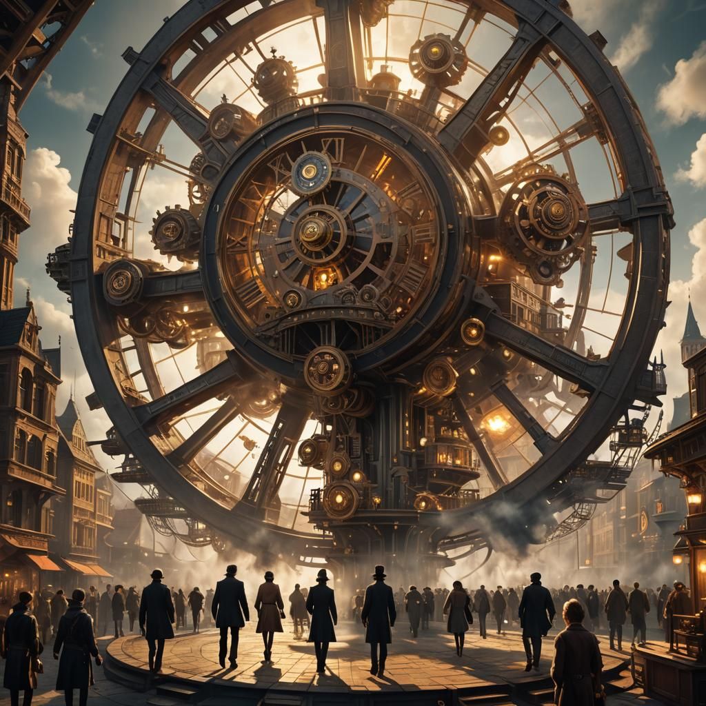 Steampunk City on Giant Wheel with Clockwork Gears