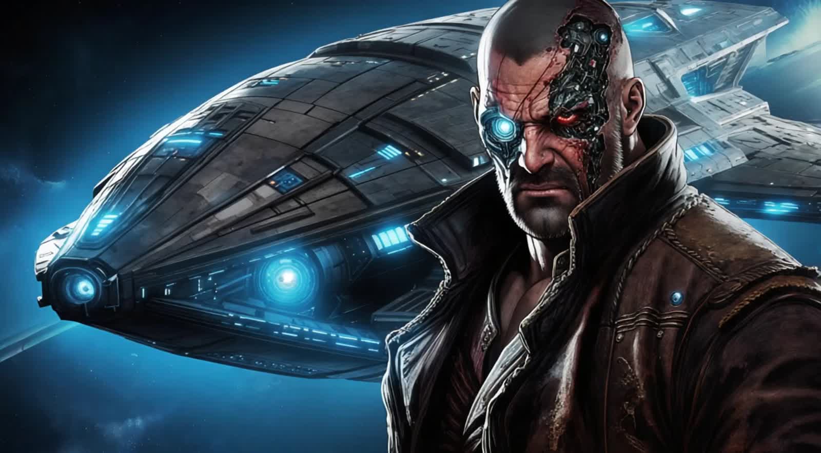 A grizzled space pirate captain with a cybernetic eye and a scarred face,standing besides his spase ship