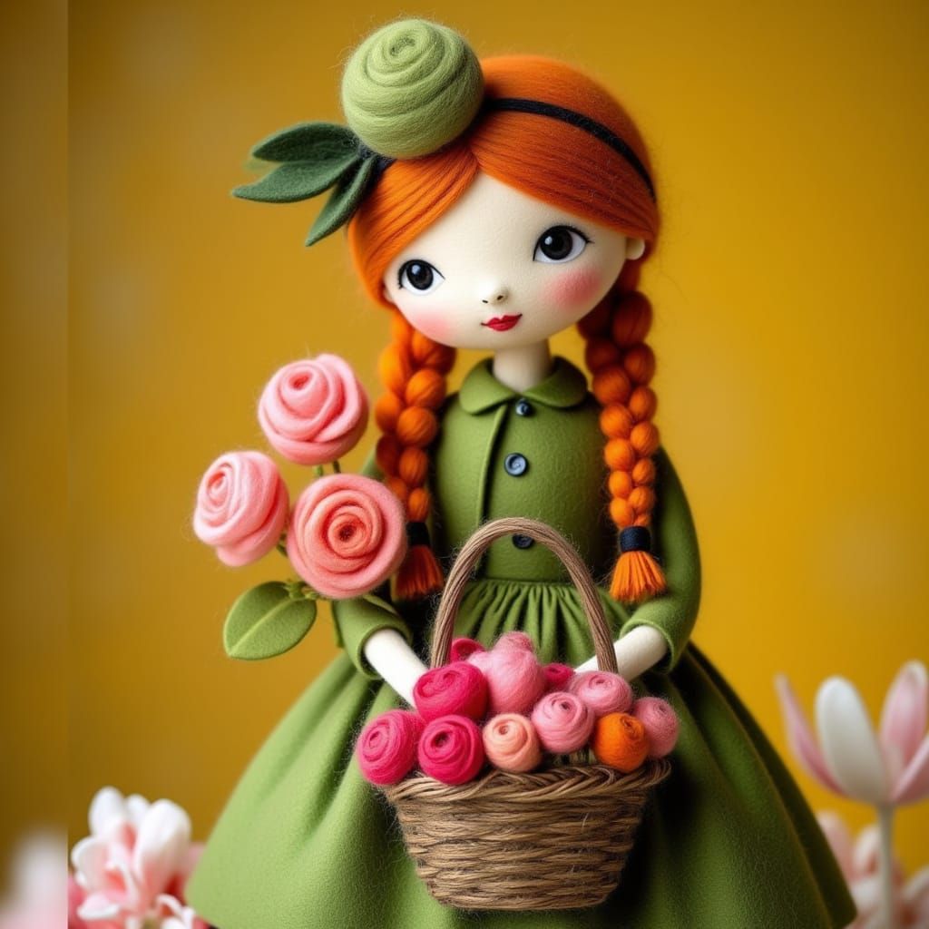 <lora:WOOLEN WORLD FLUX:1.0> a porcelain-textile woolen doll-like girl with ginger braids and a green dress holding a basket full of pink ro...