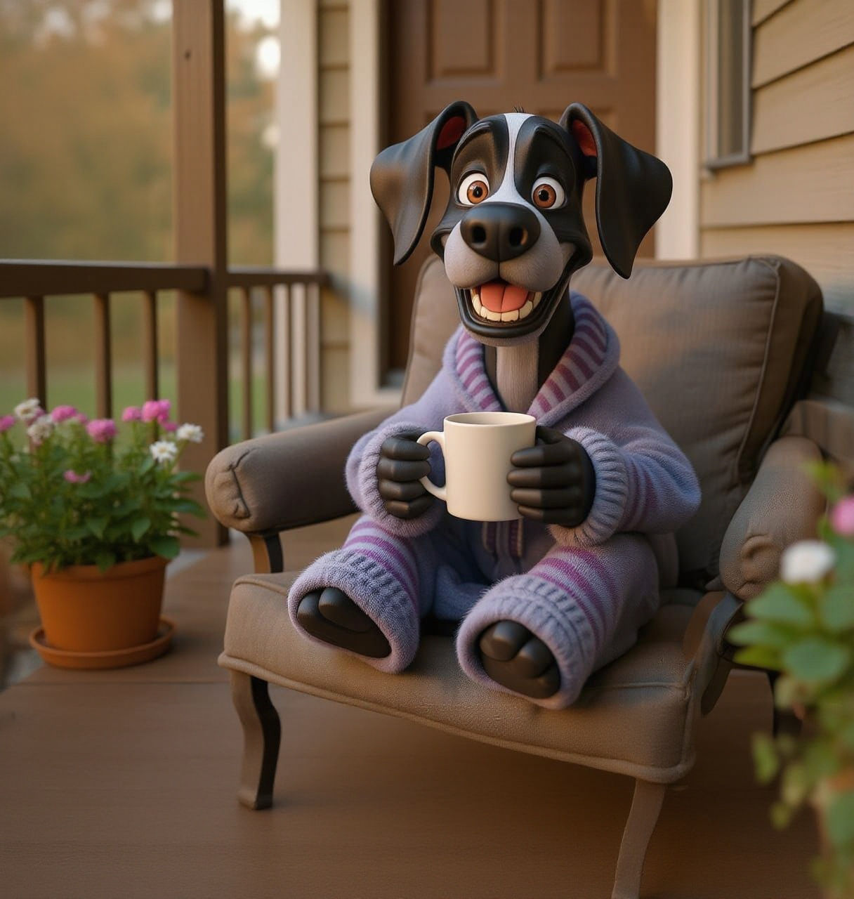 CGI Great Dane with a smile drinking coffee from a mug sitting in pyjamas and gown on  porch at sunrise. PIXAR style