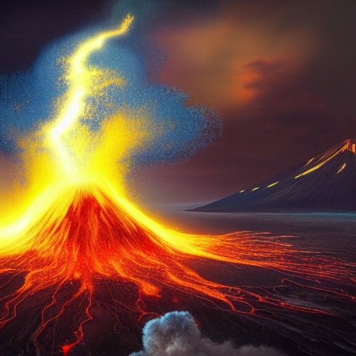 Erupting Volcano with a ocean next to it and lightning comin...