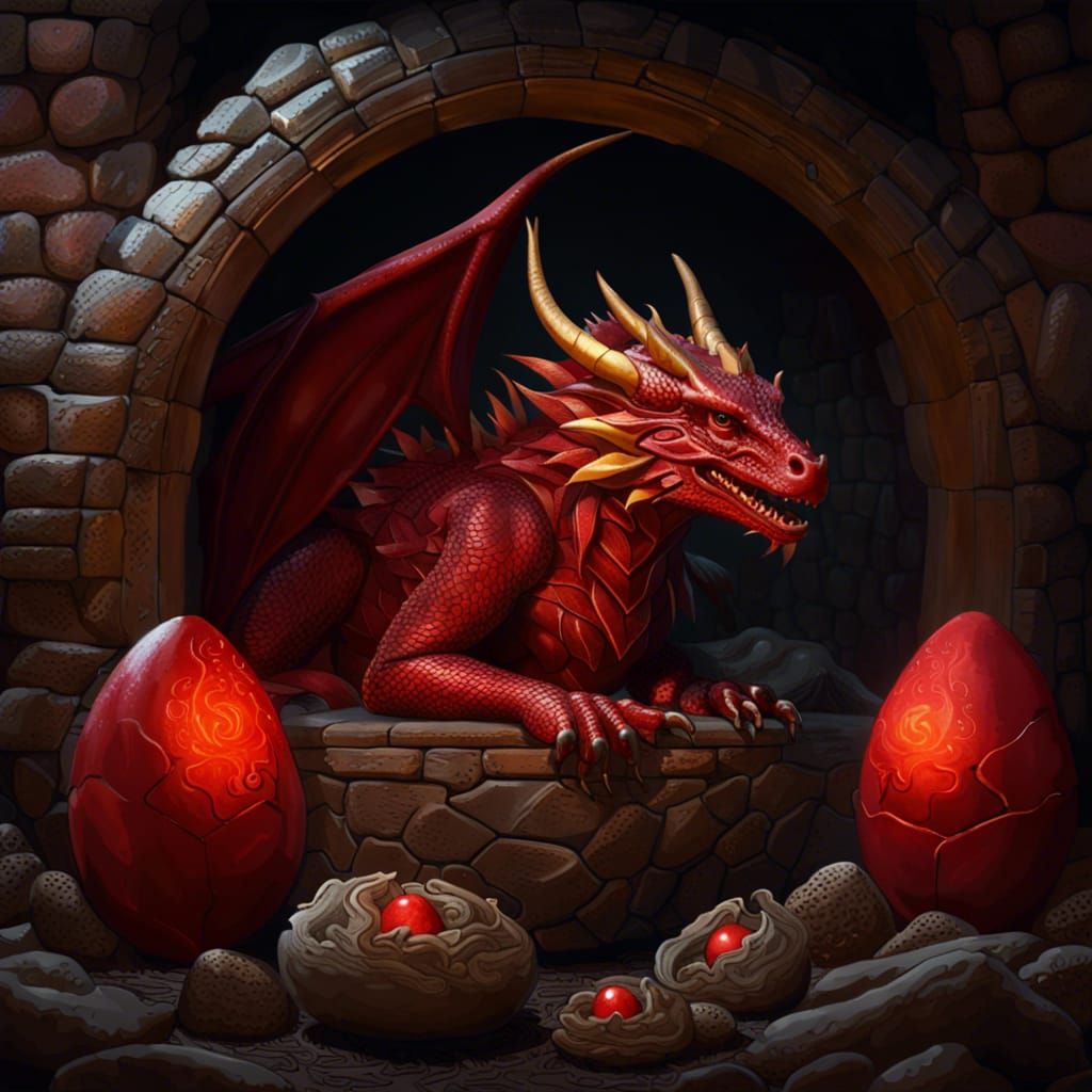 Full body hyper-realistic, detailed image of a mythological red Welsh dragon, guarding her precious ...  by @Dorian