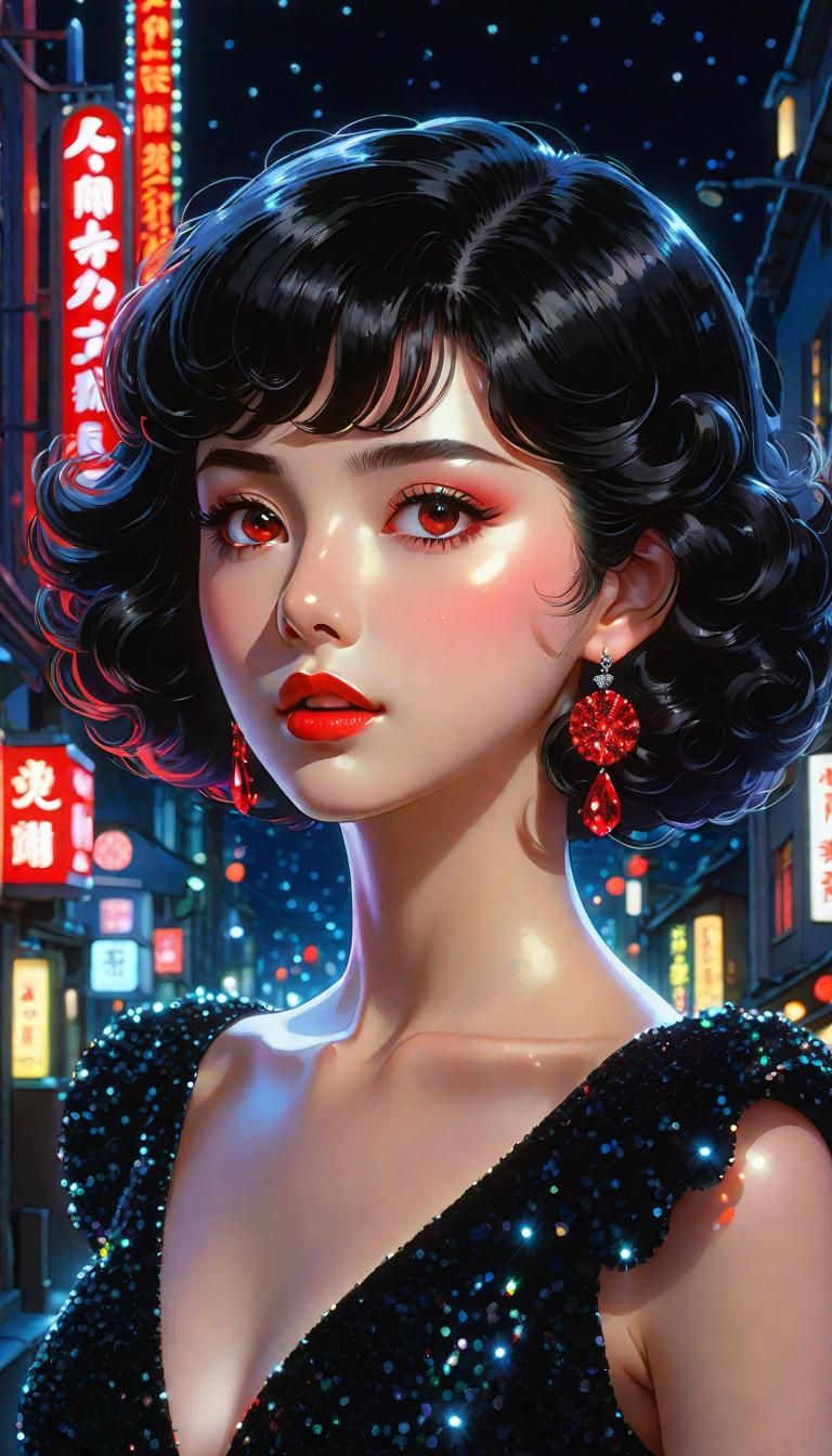 Studio Ghibli art, a woman in a black sparkly glittery dress...