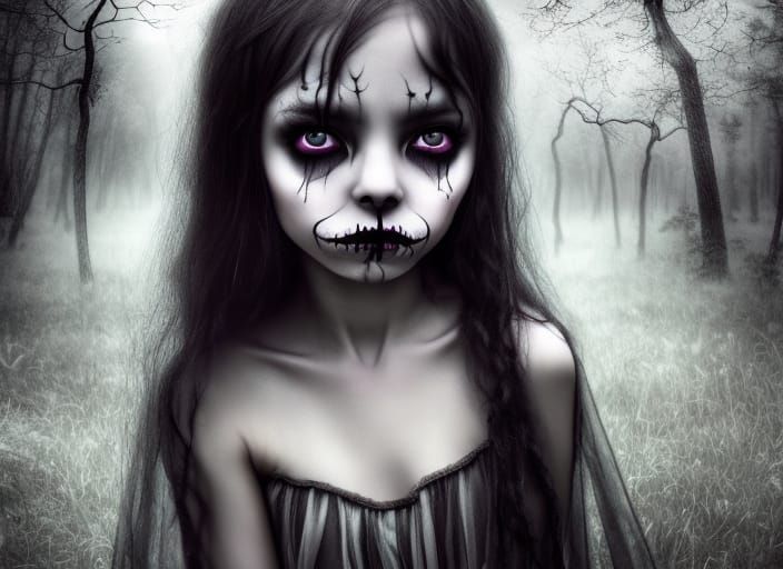 Beautiful toddler girl sitting in spooky cemetery