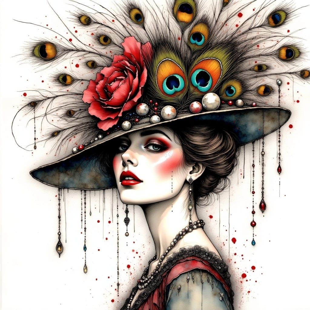 <lora:Ink Poet:1.0> Ink. Pooled pigments, delicate stokes. Beautiful art deco woman wearing a dramatic hat made of peacock feathers and pear...
