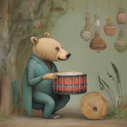 <lora:Musical-Flairs DSv8:1.0>Teddy bears playing a drum, whimsical, Beatrix Potter