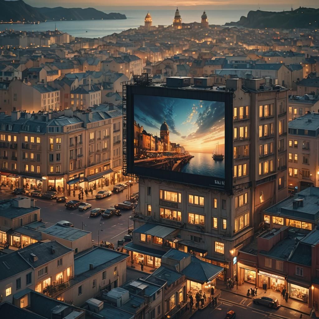 Serene Seaside on Giant Screen in Cityscape